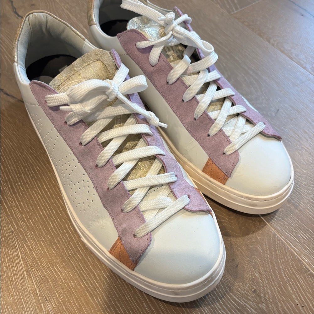 P448 White Sneakers with Lavender and Tan Suede Accents